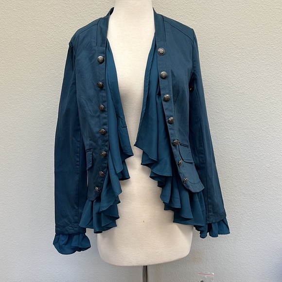 🥳HP🥳 Free People Ruffles Romance Jacket In Teal Jewel NWOT - Picture 7 of 14